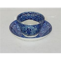 BLUE STAFFORDSHIRE HANDLELESS CUP & SAUCER - LAFAYETTE AT WASHINGTON'S TOMB