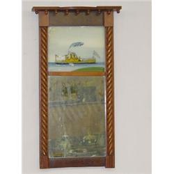 FEDERAL SPLIT COLUMN MIRROR W/ REVERSE PAINTING OF PADDLE WHEEL STEAMSHIP HARRISON