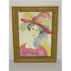 WATERCOLOR PAINTING OF A LADY IN AN EXTRAVAGANT FEATHERED HAT (16" X 10")