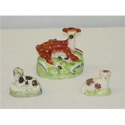 LOT (3) EARLY STAFFORDSHIRE ANIMALS - SMALL SPANIEL, SMALL LAMB, & LARGER RECUMBENT DEER