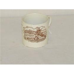 STAFFORDSHIRE BROWN TRANSFER CHILDS MUG W/ 2 CHILDREN & TOBOGGAN