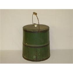 GREEN PAINTED METAL BANDED SUGAR BUCKET W/ BAIL HANDLE & LID