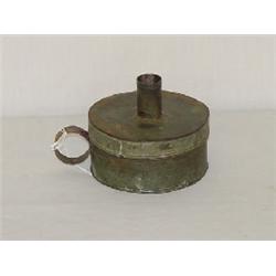 19TH CENT. GREEN PAINTED TIN TINDER BOX W/ CANDLE CUP & STRIKER