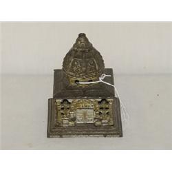 4 1/2" PAINTED CAST IRON BUILDING STILL BANK - SILVER COLUMBIA BANK BUILDING