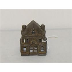 3" PAINTED CAST IRON BUILDING STILL BANK - VICTORIAN HOUSE BANK BUILDING - "PAT JULY 25, 99"