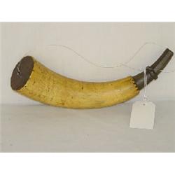 19TH CENT. POWDER HORN W/ SCRIMSHAW DECORATION OF A SAILING SHIP