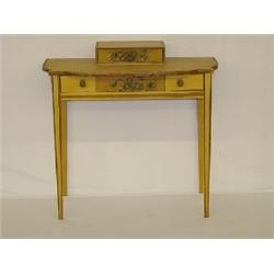 19TH CENT. NEW ENGLAND DECK TOP DRESSING TABLE W/ OLD YELLOW PAINT & PAINTED GRAPE & VINE DECORATION
