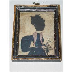 19TH CENT. FRAMED MINIATURE WATERCOLOR ON PAPER OF GIRL IN BLUE DRESS HOLDING A FAN W/ FLOWERS (ATTR