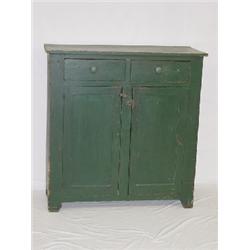 19TH CENT. NEW ENGLAND PINE JELLY CUPBOARD W/ 2 DRAWERS OVER 2 PANELED DOORS W/ OLDER GREEN PAINT