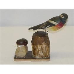CARVED & PAINTED BIRD ON STUMP W/ MUSHROOM