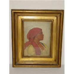 OIL ON CANVAS "PORTRAIT OF A NEGRESS - OLD CHLOE" SIGNED FRANK DUVENECK W/ EXHIBITION LABEL (12" X 9