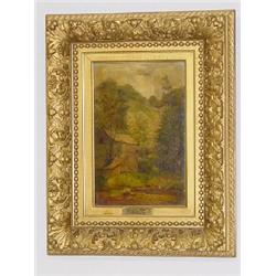 19TH CENT. OIL ON ARTIST BOARD OF "THE OLD MILL" GLEN COVE RI SIGNED CHAS. MULLER (11" X 8")