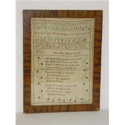 19TH CENT. NEEDLEWORK SAMPLER BY ANN MARIA SCOTT AGE 9 - 1833 W/ ALPHABET & RELIGIOUS VERSES IN A GR