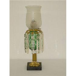 GREEN CUT TO CLEAR OVERLAY GLASS WHALE OIL LAMP, OUTFITTED W/ FROSTED & CUT GLASS SHADE, W/ PRISMS