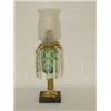 Image 1 : GREEN CUT TO CLEAR OVERLAY GLASS WHALE OIL LAMP, OUTFITTED W/ FROSTED & CUT GLASS SHADE, W/ PRISMS