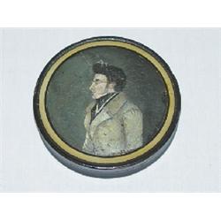 3 5/8" PAPIER MACHE SNUFF BOX W/ PORTRAIT OF YOUNG GENTLEMAN