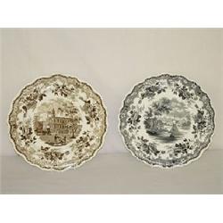 (2) 10 1/4" STAFFORDSHIRE TRANSFER PLATES - (1) BROWN CITY HALL NY BY JACKSON & (1) BLACK HARTFORD C