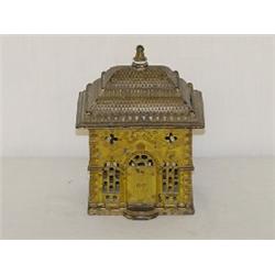 6" PAINTED CAST IRON BUILDING STILL BANK - YELLOW PAINTED BANK BUILDING