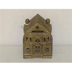 4 1/2" PAINTED CAST IRON BUILDING STILL BANK - 3 STORY VICTORIAN HOUSE BANK BUILDING