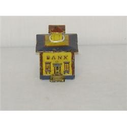 3 1/2" PAINTED CAST IRON BUILDING STILL BANK - YELLOW, BLUE, & RED PAINTED BANK BUILDING