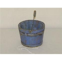 EARLY CHILDS WOODEN BUCKET W/ BAIL HANDLE & BLUE PAINT