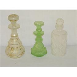 LOT (3) EARLY COLOGNE BOTTLES, (1) BRISTOL DECORATED, (1) OPALESCENT SANDWICH & (1) FROSTED GREEN (N