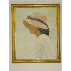 OIL ON ARTIST BOARD "THE PINK BONNET" SIGNED MARY J. COULTER (19 1/2" X 15 1/2")