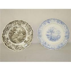 (2) 10 1/2" STAFFORDSHIRE TRANSFER PLATES - (1) BROWN PICTURESQUE VIEW HUDSON RIVER & (1) LIGHT BLUE