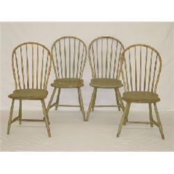 SET (4) NEW ENGLAND PAINTED 7 SPINDLE BOWBACK WINDORS IN OLD GREEN SIGNED L.F. LISCOM (ME)