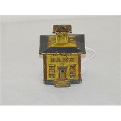 3 1/4" PAINTED CAST IRON CUPOLA BANK BUILDING STILL BANK - MUSTARD W/ BLUE ROOF