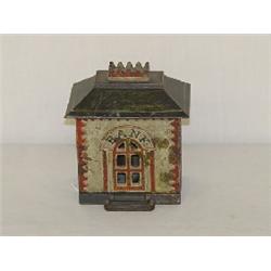 5" PAINTED CAST IRON CROWN BANK BUILDING STILL BANK- GREY W/ RED TRIM & BLUE ROOF