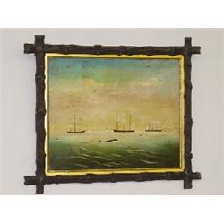 20TH CENT. OIL ON BOARD OF WHALING SCENE UNSIGNED IN WALNUT FRAME (14" X 17")