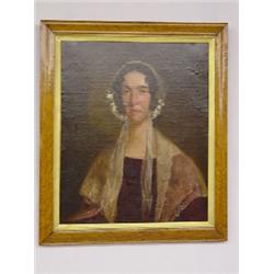 19TH CENT. OIL ON CANVAS - PORTRAIT OF YOUNG LADY W/ LACY BONNET UNSIGNED ( 23 1/2" X 19 1/2")