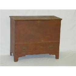 19TH CENT. NEW ENGLAND 1 DRAWER BLANKET CHEST W/ OLD RED ON SHAPED CUT OUT BASE