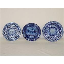 LOT (3) DARK BLUE AMERICAN HISTORIC STAFFORDSHIRE ITEMS - 7 3/4" LANDING OF OUR FATHERS BOWL TOGETHE