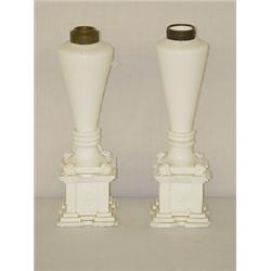 PR. SANDWICH MILKGLASS FLUID LAMPS W/ STEPDOWN BASE W/ LIONS & BASKETS OF FLOWERS