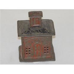 4 1/2" PAINTED TIN BANK BUILDING STILL BANK