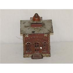 5 1/4" PAINTED CAST IRON HALLS EXCELSIOR BANK BUILDING STILL BANK - RED W/ GREY ROOF