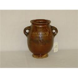 EARLY MOTTLED DOUBLE HANDLED REDWARE JAR W/ TOOLED DECORATION