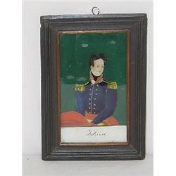 19TH CENT. FRAMED REVERSE PAINTING ON GLASS OF GENERAL JACKSON (6" X 3 1/2" SIGHT SIZE)