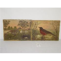 EARLY 19TH CENT. PR. FOLKY OIL PAINTINGS ON CANVAS - ROBIN & LARK W/ INSCRIPTIONS ON BACK (9"X12" UN