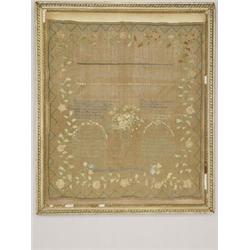 FINE LARGE EARLY 19TH CENT. MASS. NEEDLEWORK SAMPLER DONE BY TAMSIN SIMMONS 11 YRS 1811 - W/ FAMILY 