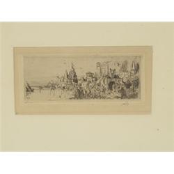 ARTISTS PROOF ETCHING "AT THE GANGES" SIGNED MARIUS A. J. BAUER W/ GALLERY LABEL (3" X 6")