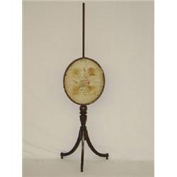 REGENCY MAHOGANY POLE FIRE SCREEN W/ EMBROIDERED PANEL