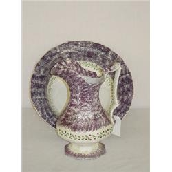 PURPLE SPATTERWARE PITCHER & BOWL SET W/ HOLLYBERRY DECORATION