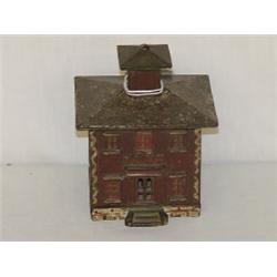 5 1/4" CAST IRON CUPOLA BANK BUILDING STILL BANK W/ RED PAINT & WHITE ROOF