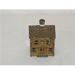 3 1/4" CAST IRON STILL BANK - TWO STORY HOUSE W/ GOLD PAINT