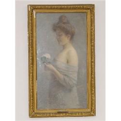 19TH CENT. PASTEL OF YOUNG LADY W/ FLOWER "LA FRIVOLITE" SIGNED J. GEORGES FERRY (35 1/2" X 18 1/2")