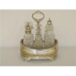 18TH CENT. ENGLISH 6 PC. CUT GLASS CRUET CASTOR SET W/ SILVER FRAME BY WILLIAM BATEMAN LONDON 18