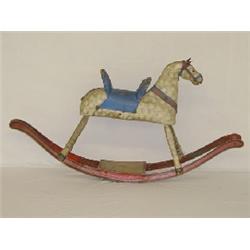 19TH CENT. DAPPLE PAINTED WOODEN CHILDS ROCKING HORSE ON SCENIC PAINTED BASE